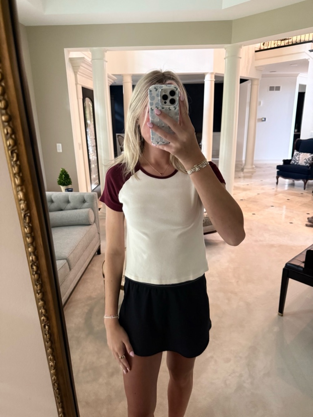 brandy cream tee with burgundy sleeves